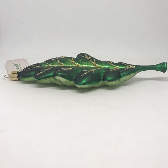 Large 6” Green Oak Leaf Glass Blown With Gold Glitter Holiday Ornament Germany - Picture 5 of 6
